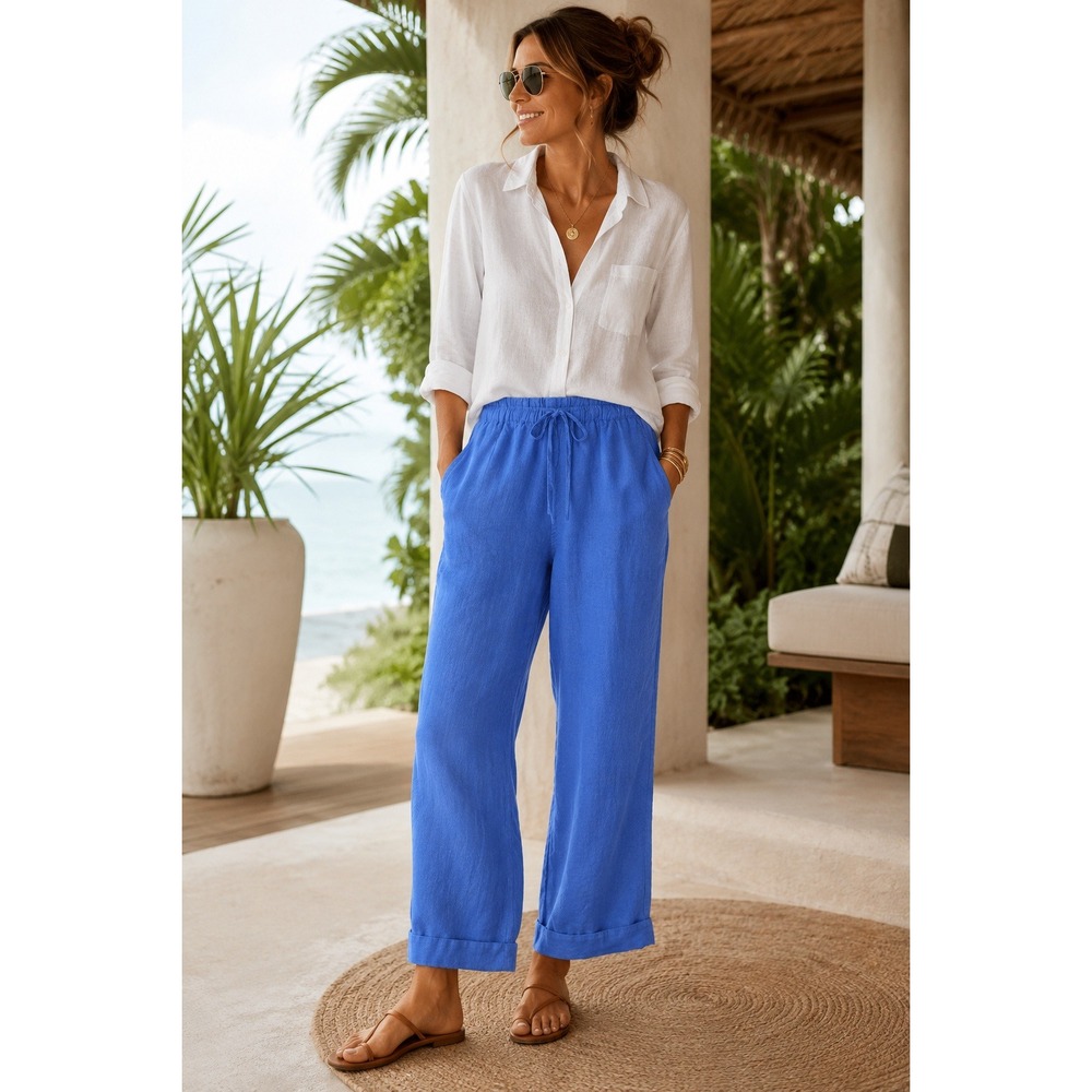 Women's 100% Linen Lounge Pants Medium Blue Drawstring Wide Leg Coastal vacation